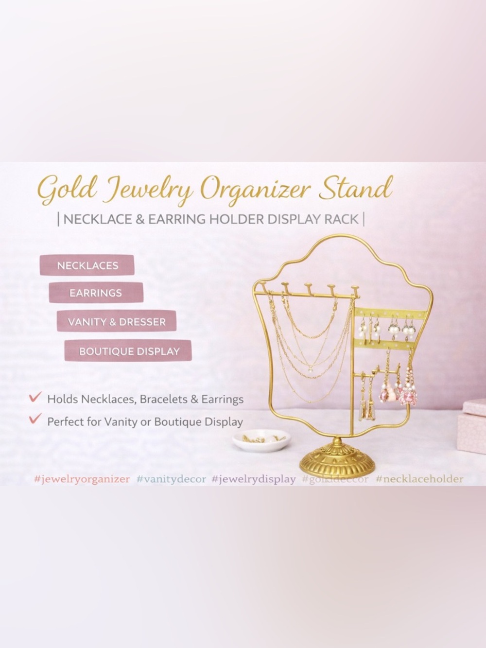 Gold Jewelry Organizer Stand | Necklace & Earring Holder Display Rack